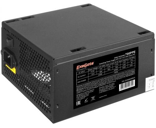 Блок питания Exe Gate EX260645 RUS-PC 700 W 700 PPE, ATX, PC, black, APFC, 12cm, 24p+(4+4)p, PCI-E, 5x SATA, 3x IDE, FDD + кабель 220 V