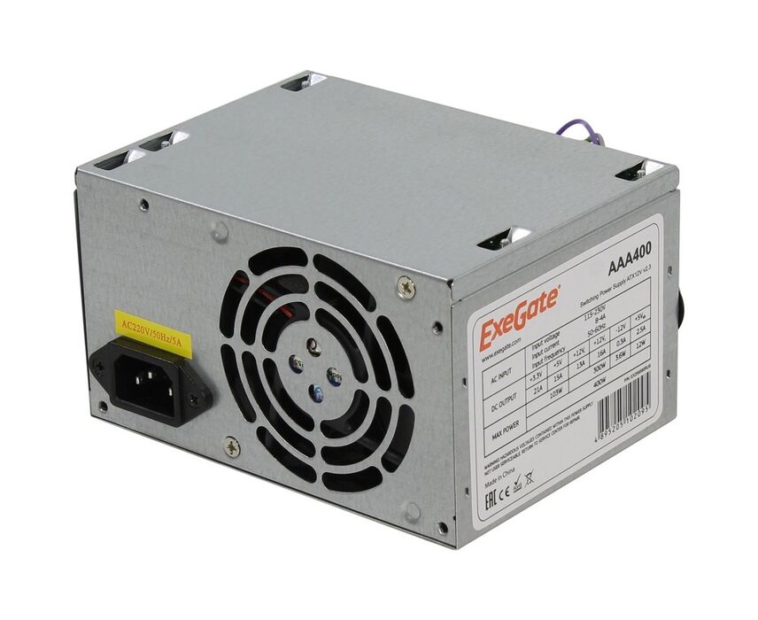 Блок питания Exe Gate AAA400 (ES259590 RUS-PC) 400 W (ATX, PC, 8cm fan, 24pin, 4pin, 2x SATA, IDE, кабель 220 V в комплекте)