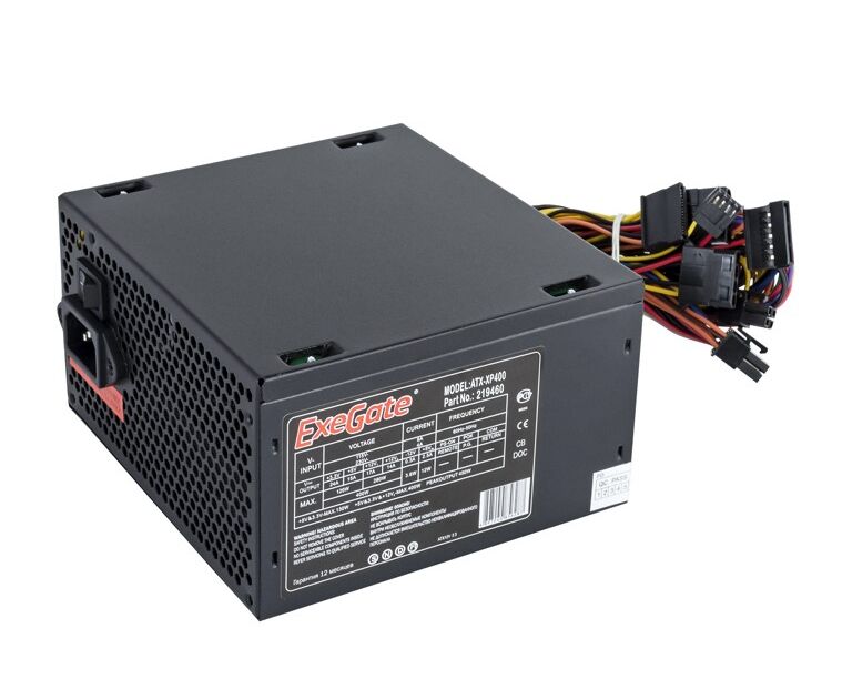 Блок питания Exe Gate EX219459 RUS-S 400 W XP400, ATX, SC, black, 12cm fan, 24p+4p, 3x SATA, 2x IDE, FDD + кабель 220 V