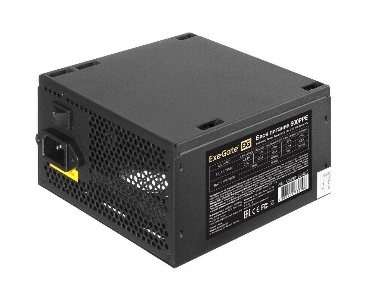 Блок питания Exe Gate 900 PPE EX292163 RUS-S 900 W (ATX, APFC, SC, КПД 80 (80 Plus), 12cm fan, 24pin, 2x(4+4)pin, PC Ie, 6x SATA, 4x IDE, black)