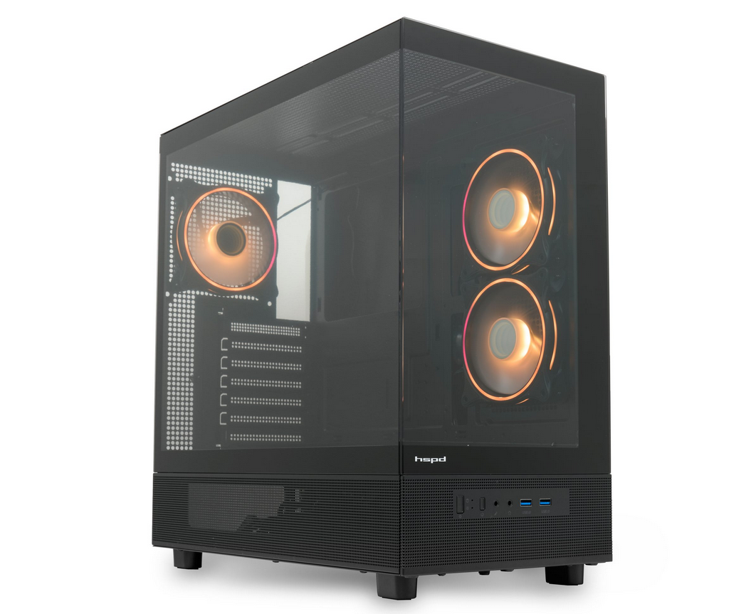 Корпус HSPD F710 (F710-TGBK-ARGB), без БП, Panoramic Mid Tower, Black, TG, 0.5 SPCC, 3x120mm ARGB E-ATX, ATX, m ITX 185/395/270mm 2x2.5", 1x3.5