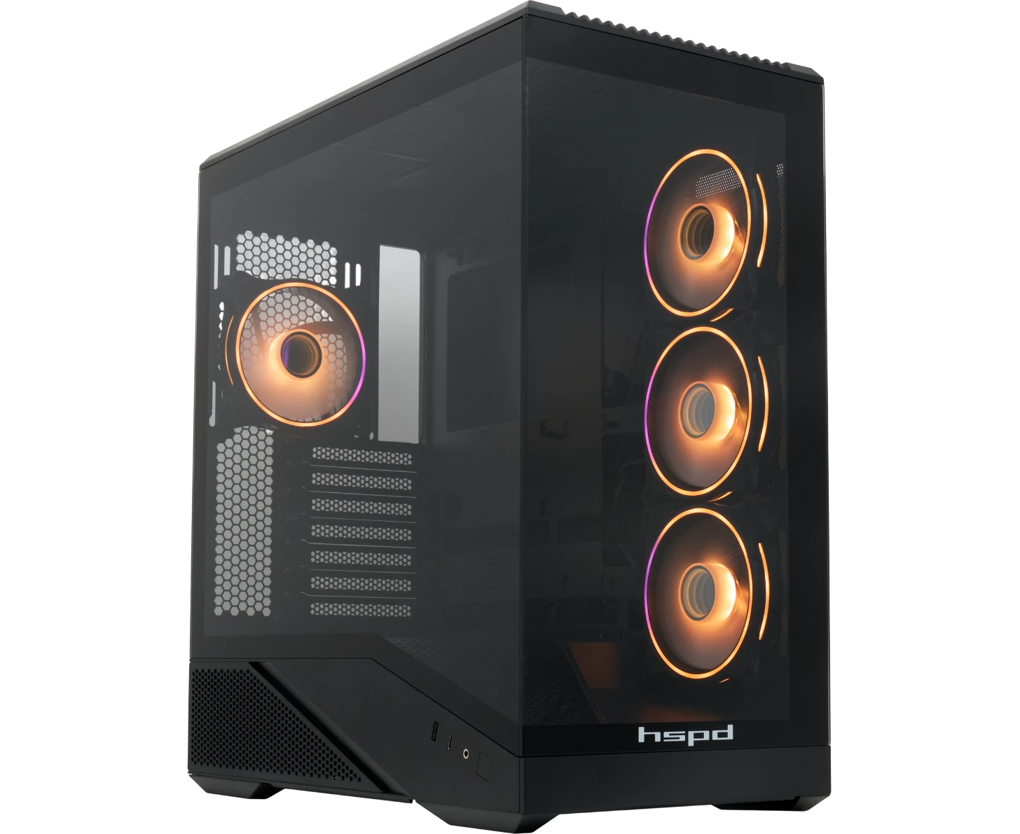 Корпус HSPD F711 (F711-TGBK- ARGB), без БП, Panoramic Full Tower, Black, TG, 0.7 SPCC, 4x120mm ATX, m ITX 190/420/280mm 2x2.5", 7x PCI 1x US