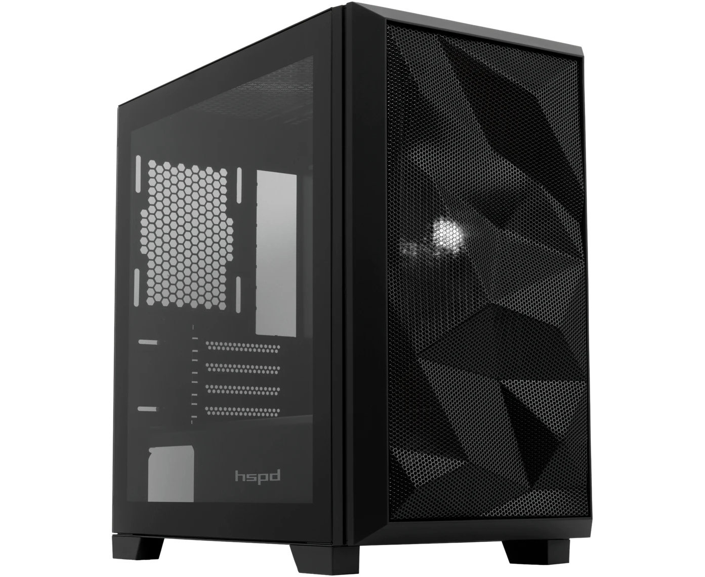 Корпус HSPD M340 (M340-TGBK), без БП, Mesh Mid Tower, Black, TG, 0.5 SPCC, no fans, m ATX, m ITX, 165/350/200mm, 2x2.5", 4x PCI, 1x USB-A 3.0