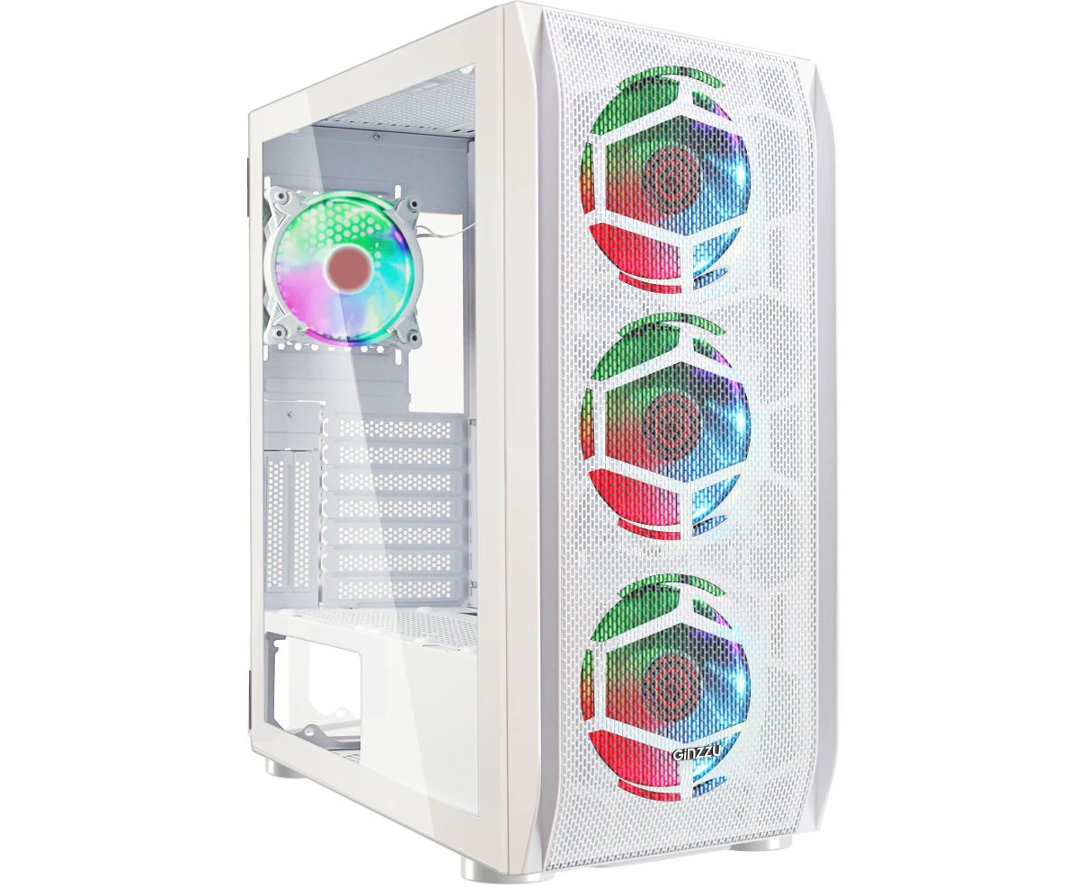 Корпус Ginzzu GL 390 боковая дверца закаленное стекло на петлях на магнитах, controller CRC10, 4* 12 R6 W Fan 12см RGB белый