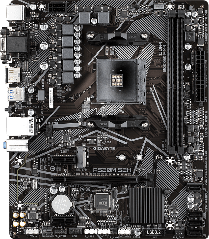 MB s AM4 Gigabyte A520 M S2 H, AMD A520, 2x DDR4-3200, D-SUB+DVI-D+HDMI, 1x PCI-Ex16, 2x PCI-Ex1, 4x SATA3(RAID 0/1/10), 1x M.2, 8 Ch Audio, G Lan, (2+4)x USB2.0