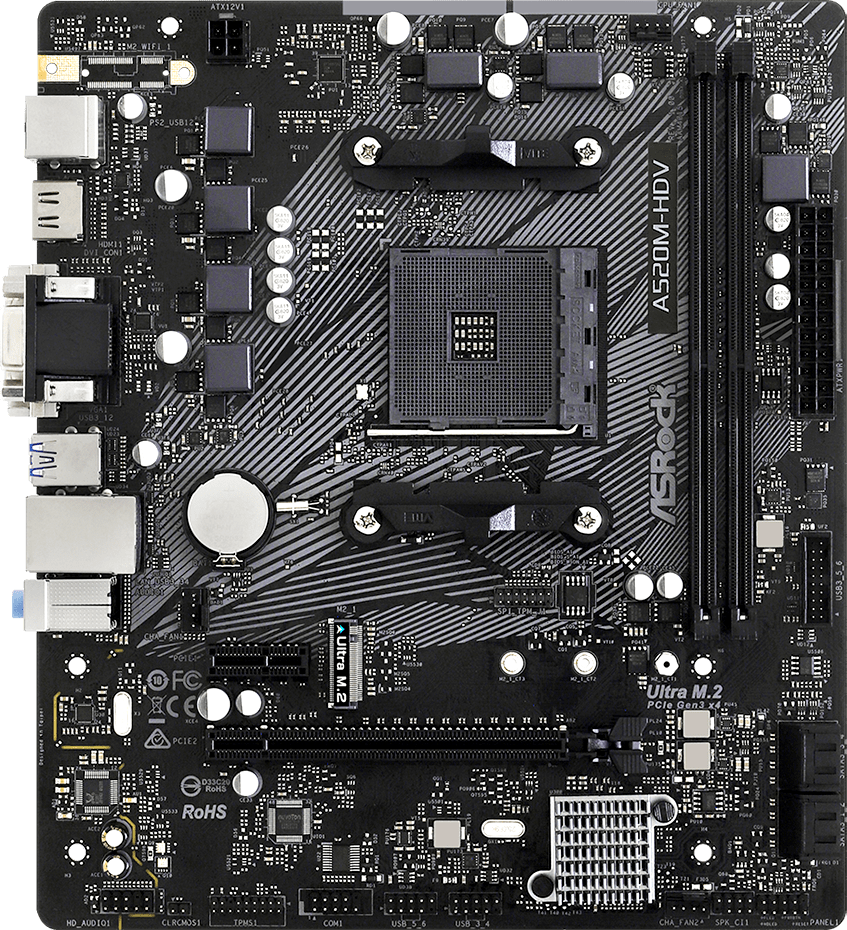 MB s AM4 AS Rock A520 M-HDV, AMD A520, 2x DDR4-3200, D-SUB+DVI-D+HDMI, 1x PCI-Ex16, 1x PCI-Ex1, 4x SATA3(RAID 0/1/10), 1x M.2, 8 Ch Audio, G Lan, (2+4)x USB2.0, (4+2)x USB3.2, 1x PS/2, m ATX, RTL