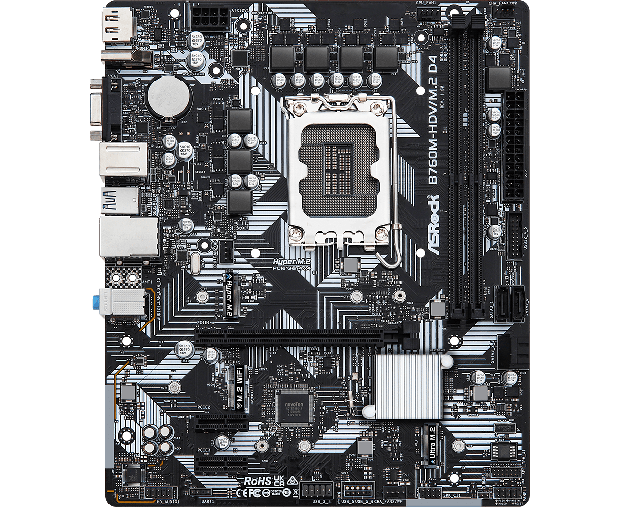 MB s1700 AS Rock B760 M-HDV/M.2 D4 Intel B760, 2x DDR4-3200 МГц, 1x PCI-Ex16, 2x M.2, Micro-ATX