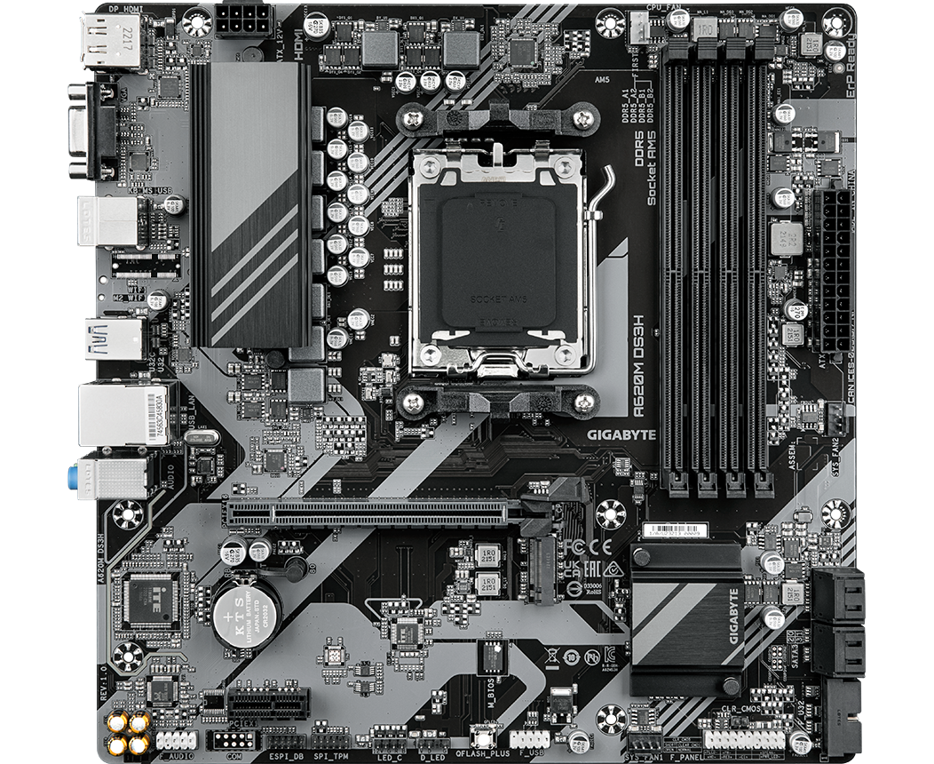 MB s AM5 Gigabyte A620 M DS3 H, AMD A620, 4x DDR5-5200 МГц, 1x PCI-Ex16, 1x M.2, Micro-ATX