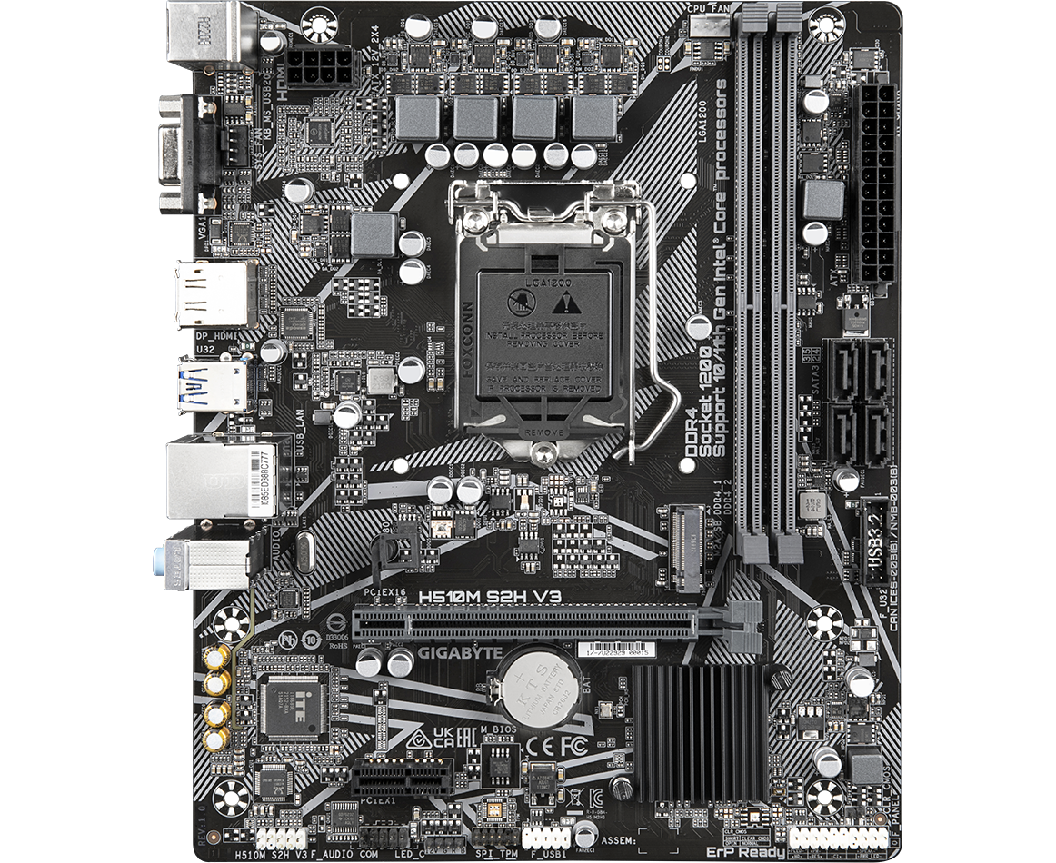 MB s1200 Gigabyte H510 M S2 H V3, Intel H470, 2x DDR4-3200 МГц, 1x PCI-Ex16, 1x M.2, Micro-ATX