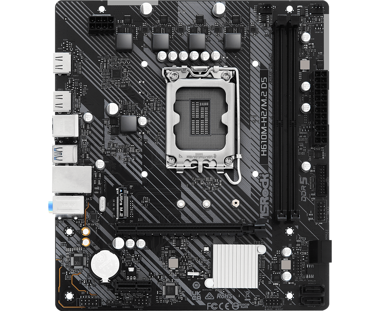 MB s1700 AS Rock H610 M-H2/M.2 D5, Intel®H610, 2x DDR5-4800, HDMI+HDMI, 1x PCI-Ex16, 1x PCI-Ex1, 4x SATA3, 1x M.2, 8 Ch Audio, G Lan, (4+2)x USB2.0, (2+2)x USB3.2, 1x PS/2, m ATX, RTL