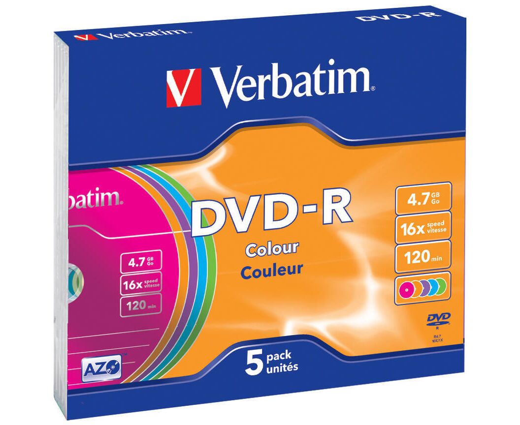 Диск DVD-R Verbatim 4.7 Gb 16x Slim Color (5шт) 43557