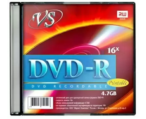 Диск DVD-R VS (VSDVDRIPSL501) 4.7 Gb, 16x, Slim Case (5), Ink Printable (5/200)