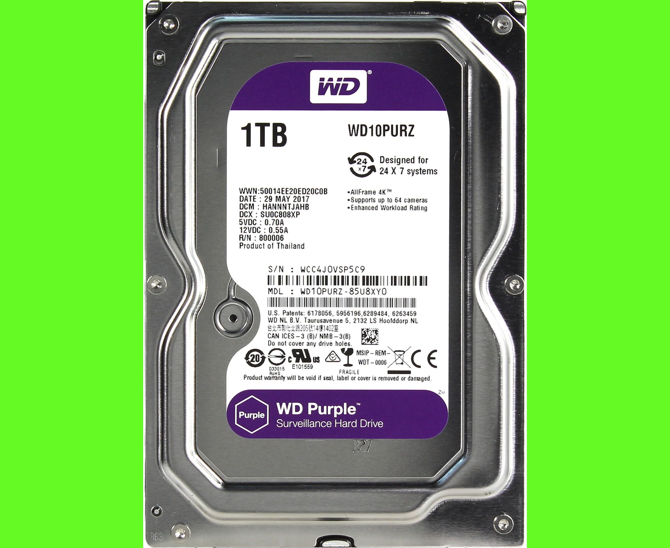 HDD 3.5" 1.0 TB Intelli Power SATA3 64 MB WD Purple (WD10 PURZ) 24/7, для систем наблюдения (до 64 камер), All Frame 4 K уменьшает потери кадров