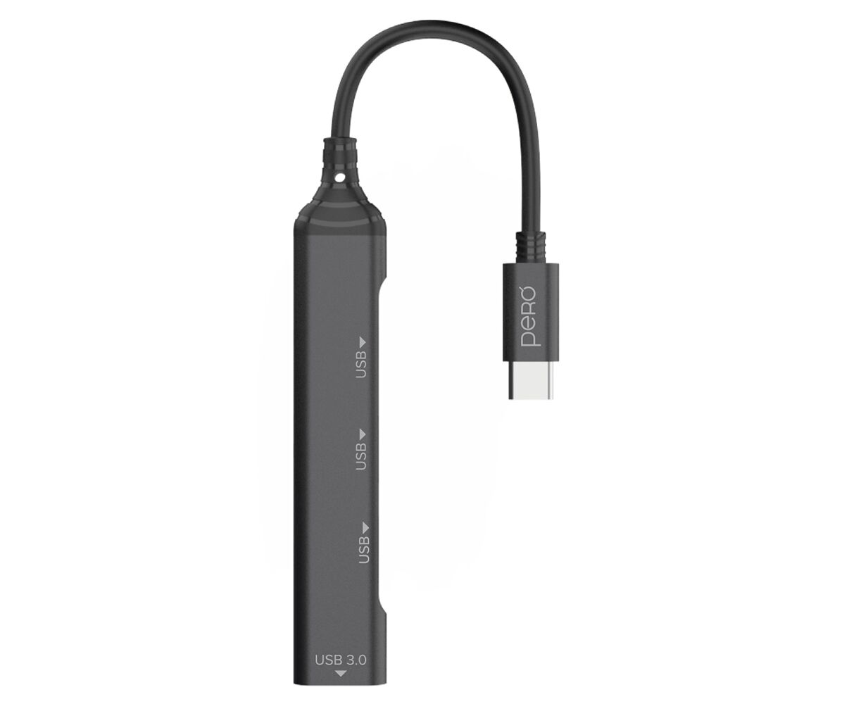 Мульти Хаб PERO MH02, USB-С TO USB 3.0+USB 2.0+USB 2.0+USB 2.0, серый