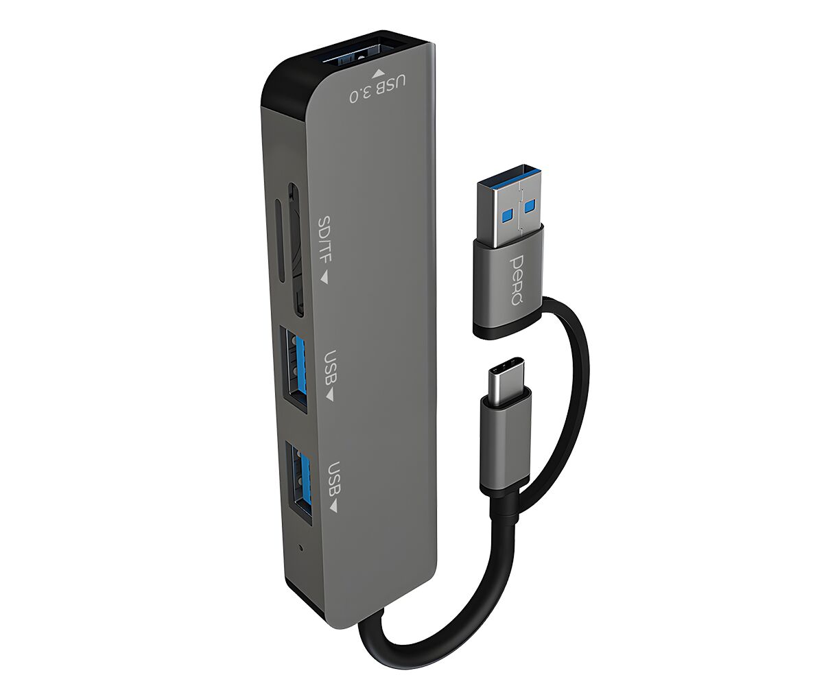 Мульти Хаб PERO MH05, USB-С/USB-A TO SD + TF + USB 3.0 + 2x USB 2.0, серый