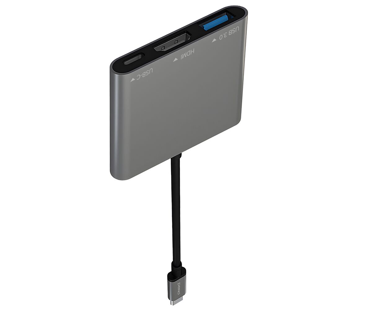 Мульти Хаб PERO MH08, USB-С TO USB-C + HDMI + USB 3.0, серый