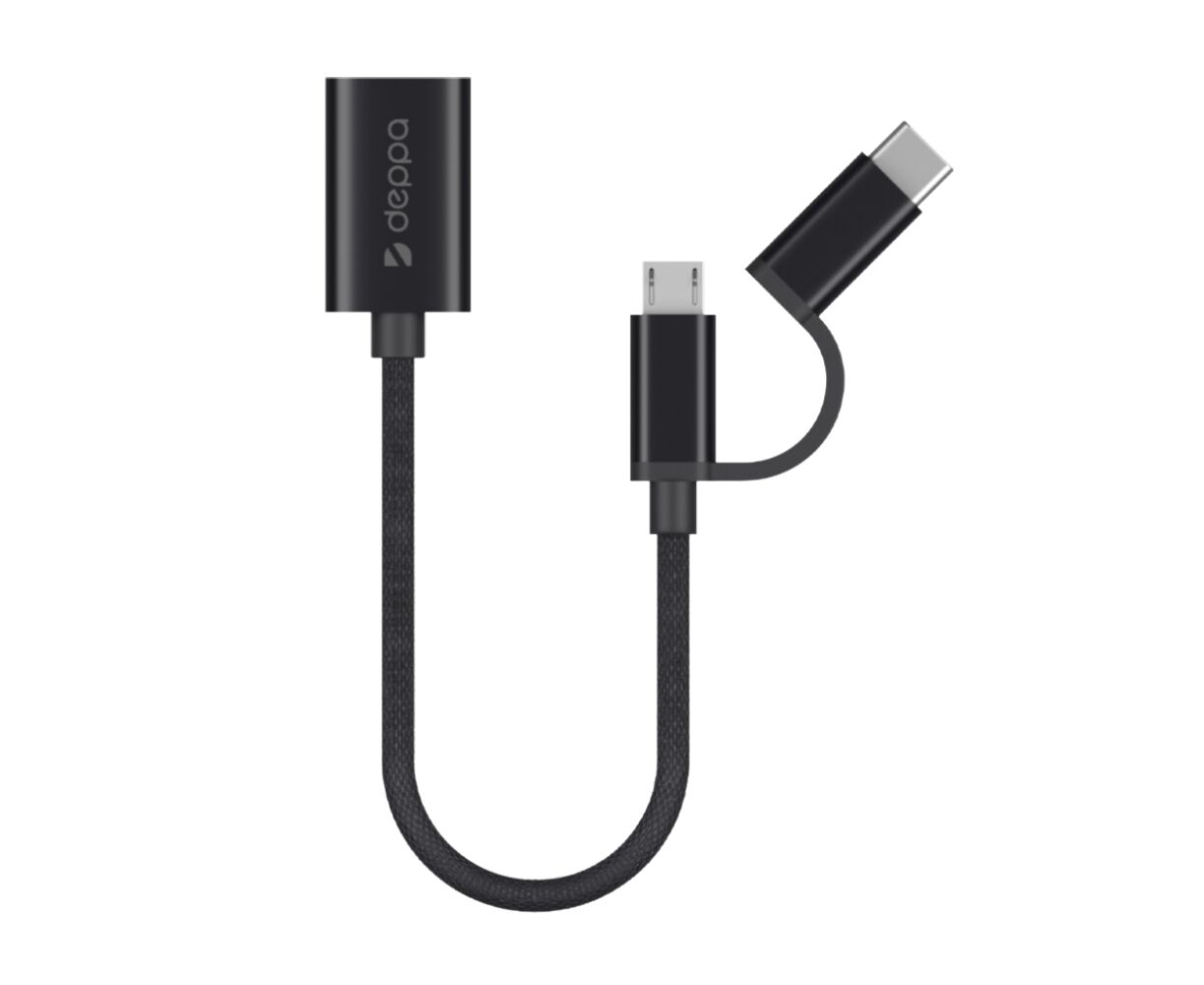 OTG адаптер USB - micro USB + USB-C, алюминий, нейлон, 0.15 м, черный, DEPPA, 72319