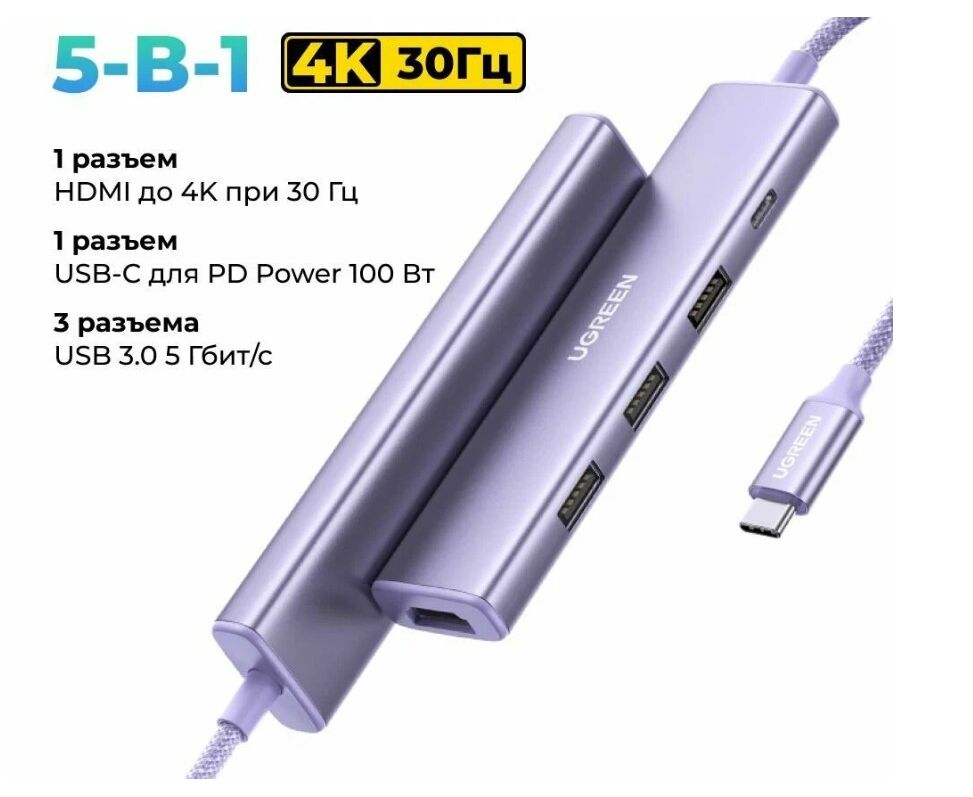 Конвертер UGREEN CM478 (35582) USB-C To HDMI 4 K 32 Hz+3*USB 3.0 A+PD Power Converter Creamy Purple