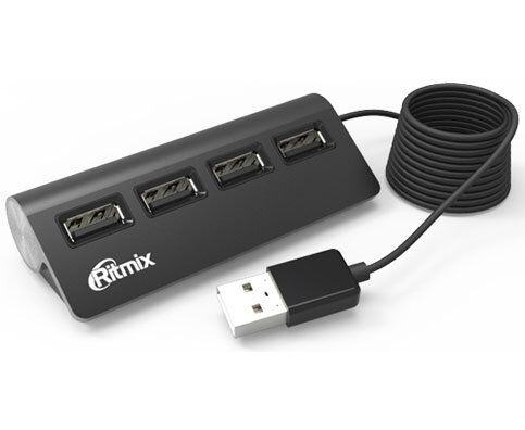 USB-HUB RITMIX CR-2400 Black настольный, кабель 1м, на 4 порта USB, High speed USB 2.0, Plug-n-Play, питание от USB, 5 В, скорость до 480 Мбит/с