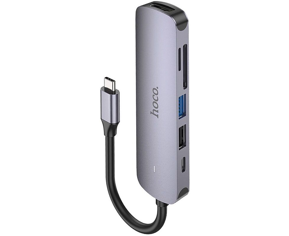 Адаптер HOCO HB28 Type-C multi-function converter(HDTV+USB3.0+USB2.0+SD+TF+PD) (серый)