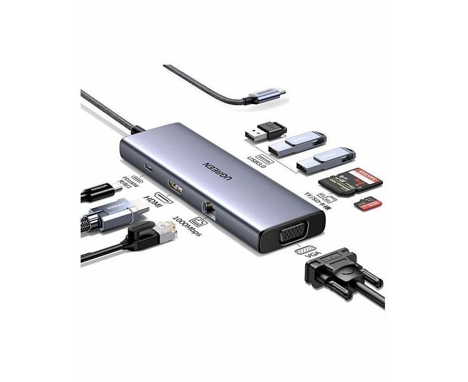 Адаптер UGREEN CM498 15600 USB-C to 3*USB-A TF SD VGA RJ45 HDMI PD100 W USB-Type Multifunction Adapter Sp