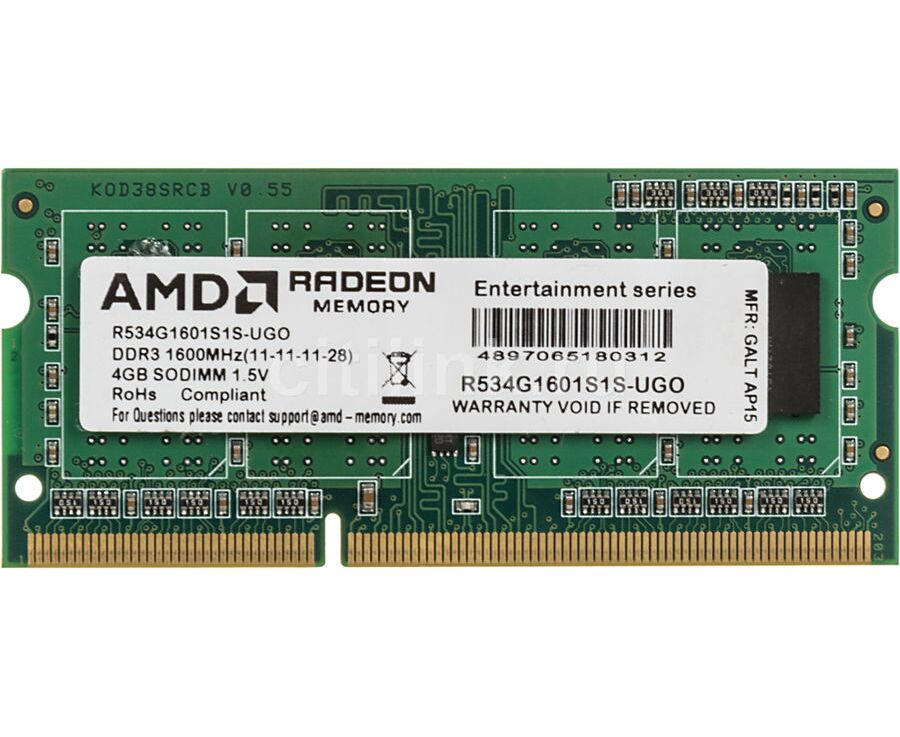 ОЗУ SODIMM AMD Radeon R5 Entertainment Series R534 G1601 S1 SL-UO 4 ГБ