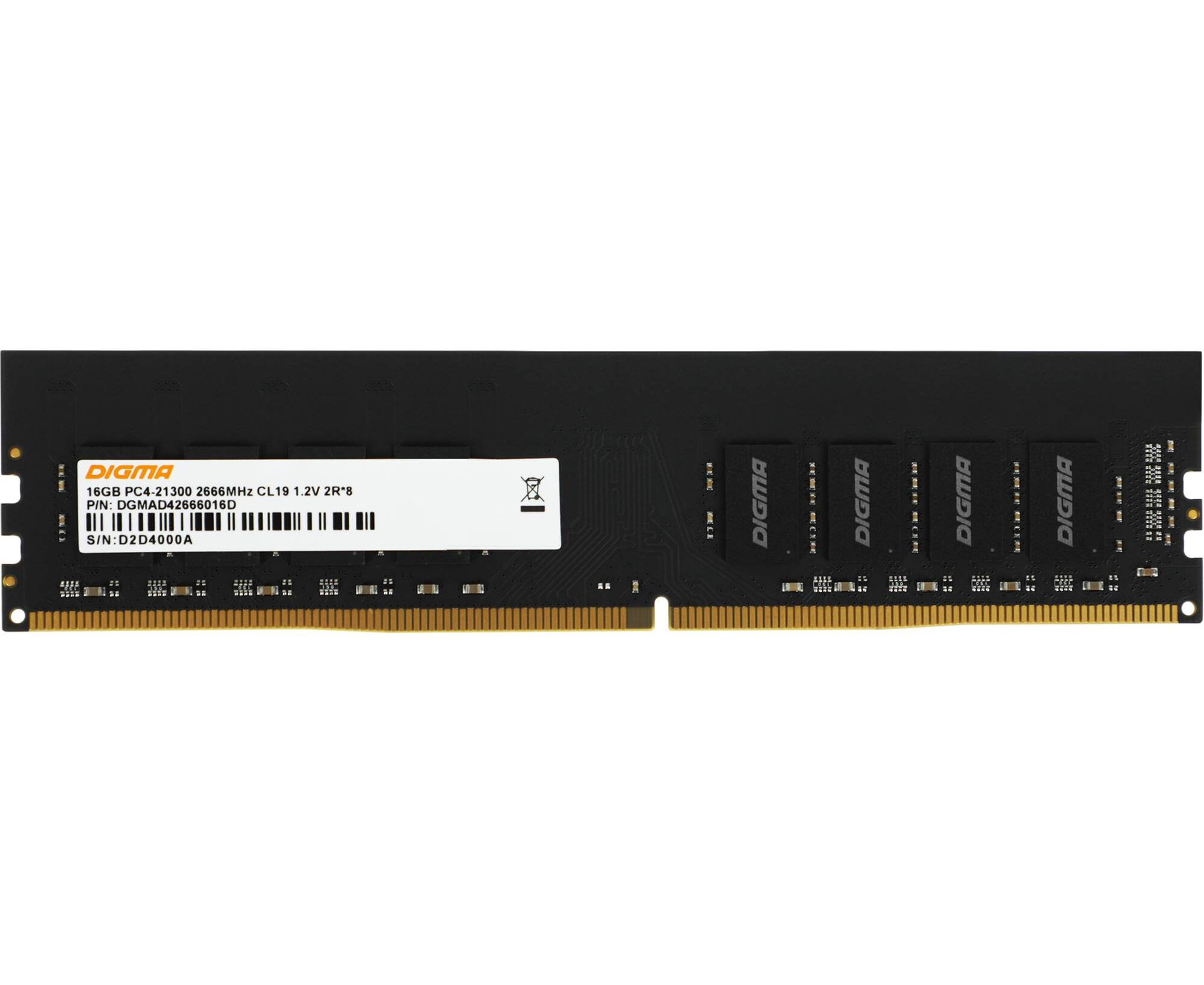 ОЗУ Digma (DGMAD42666016 D) DDR4 16 Gb 2666 M Hz RTL PC4-21300 CL19 DIMM 288-pin 1.2 В dual rank