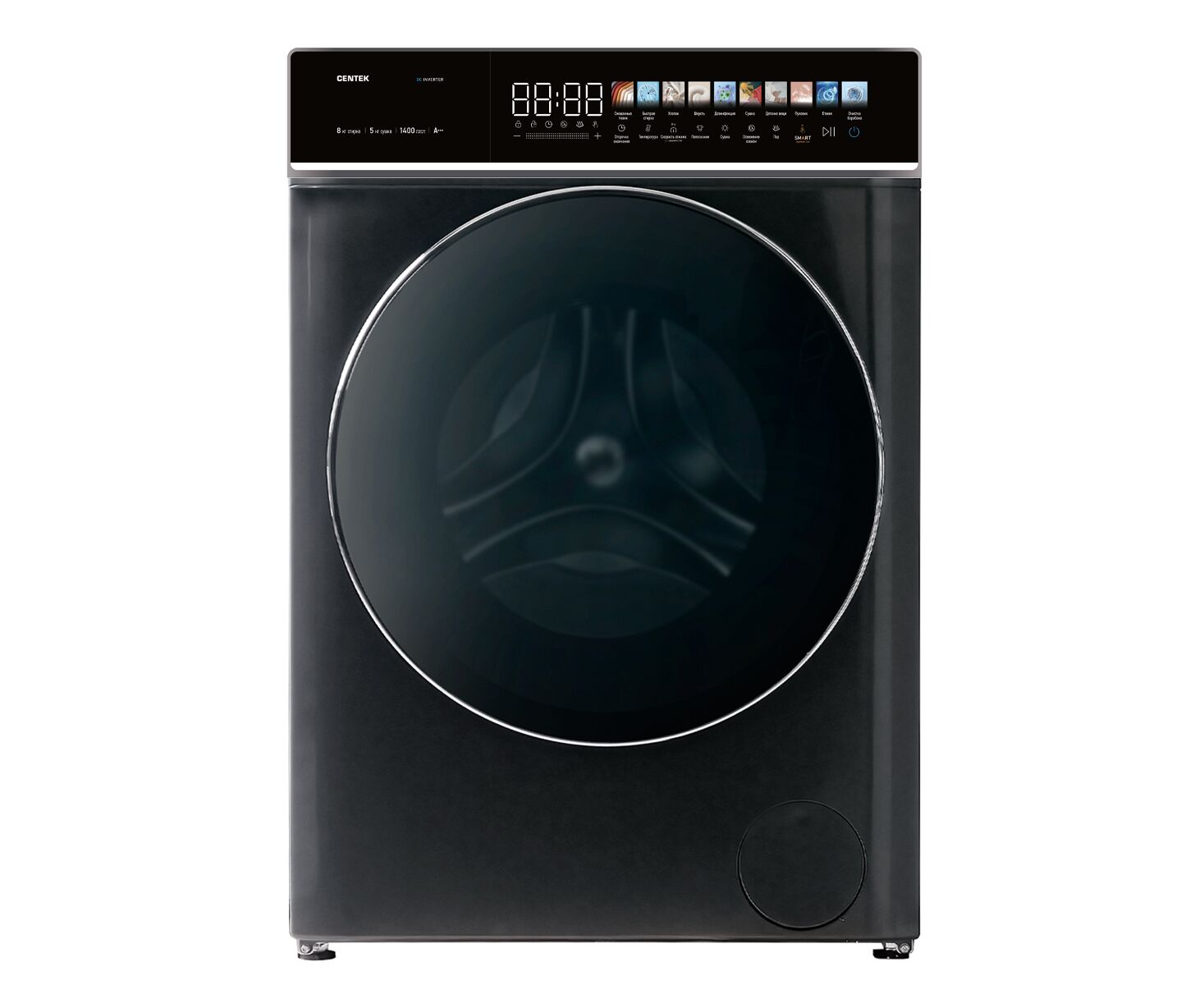 Стиральная машина Centek CT-1945 (серый) 1400 /8кг/ 52см /11прог /Диспл/INVERTER/Сушка 5кг/Пар/A+++
