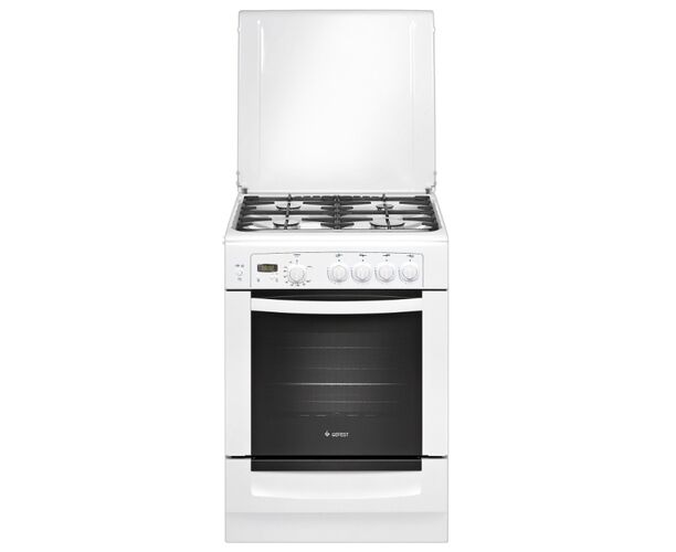 Газовая плита Гефест ПГ6100-03 белый, 85х 60х 60см, газовая духовка 52л, вертел, электроподжиг в поворотных ручках, газ-контроль духовки, газ-контроль конфорок, чугунные решетки, дисплей