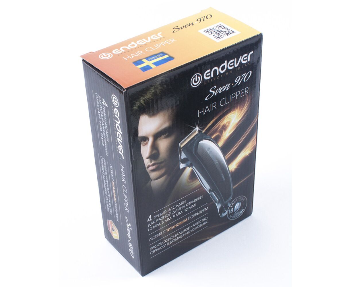 Машинка для стрижки Endever Sven 970, Четыре гребня-насадки ( 3 мм, 6 мм, 9 мм, 12 мм), Мощный мотор AC, Работа от сети, TITANIUM POWER