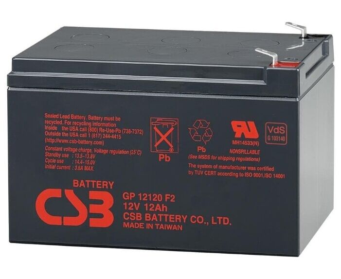 АКБ для ИБП 12 В 12 Ач CSB GP12120, 48 W/cell, 144 Whr, 3.37 кг, (Шх Гх В) 151х 98х 94 мм (100 с клеммами)