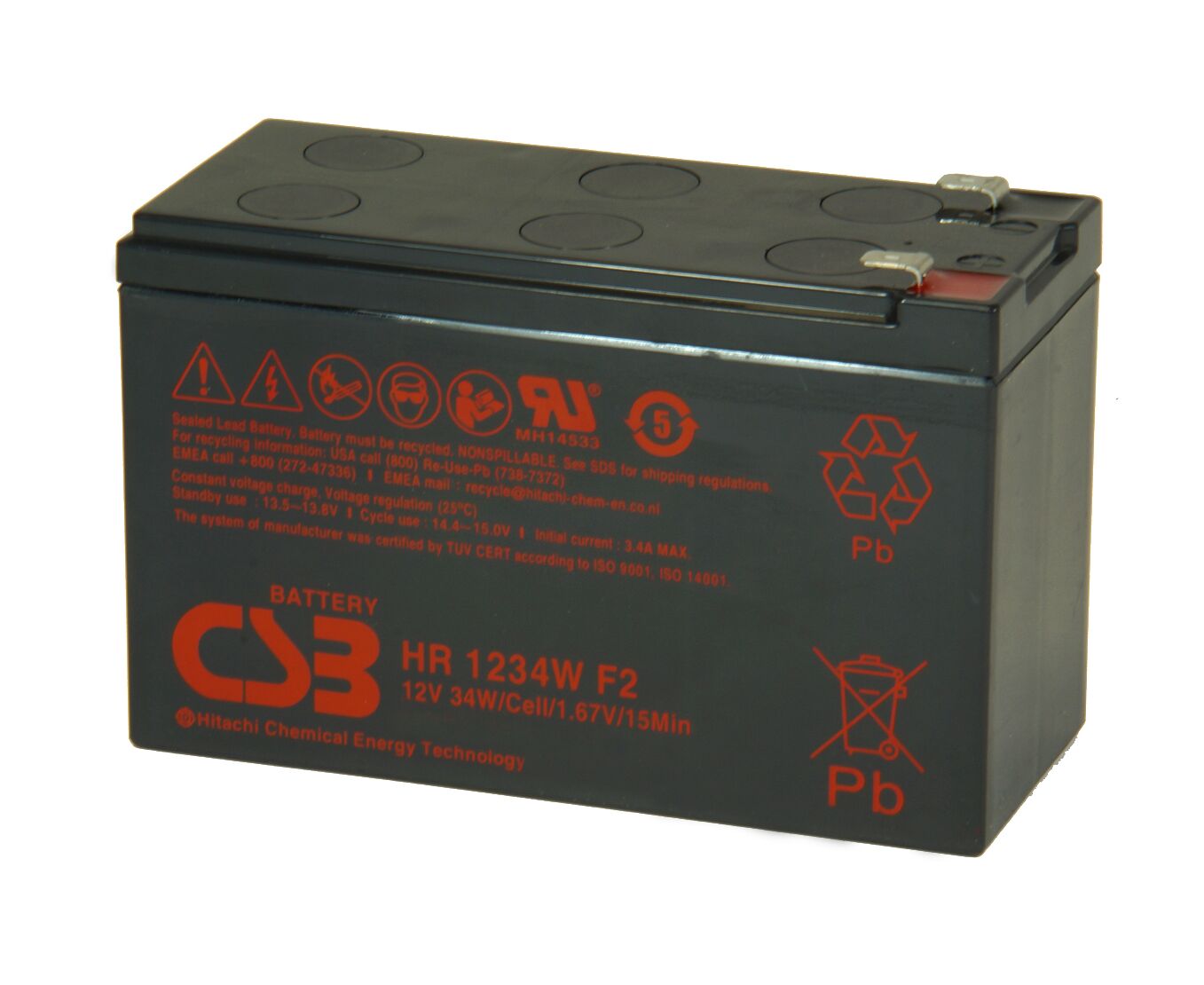 АКБ для ИБП 12 В 9.0 Ач CSB High Rate HR1234 W F2, 34 W/cell, 108 Whr, 2.5 кг, (Шх Гх В) 151х 65х 98 мм (102 с клеммами)