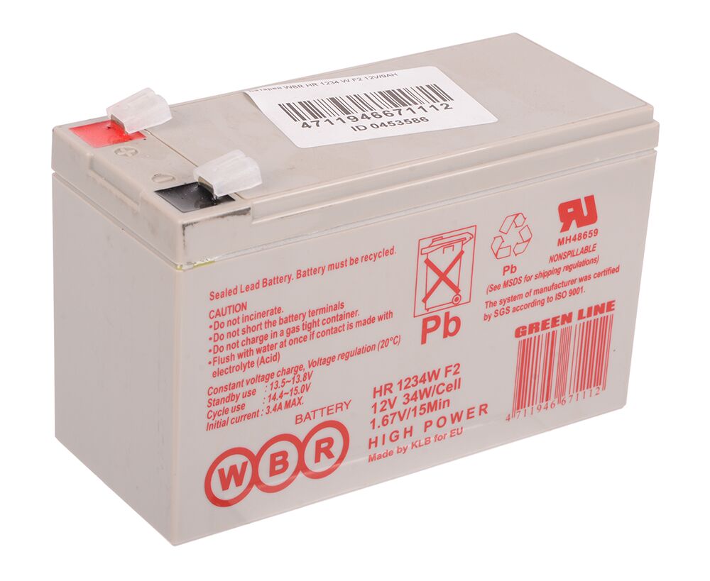 АКБ для ИБП 12 В 9.0 Ач WBR High Rate HR1234 W F2, 34 W/cell, 108 Whr, 2.5 кг, (Шх Гх В) 151х 65х 94 мм (102 с клеммами)