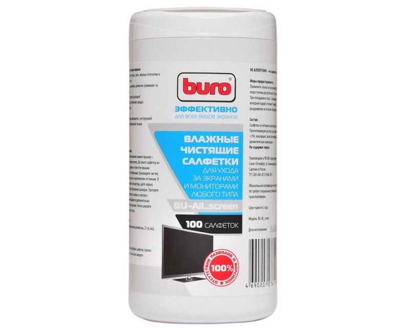 Салфетки Buro BU-All_screen для экранов мониторов/плазменных/ЖК телевизоров/ноутбуков туба 100шт влажных