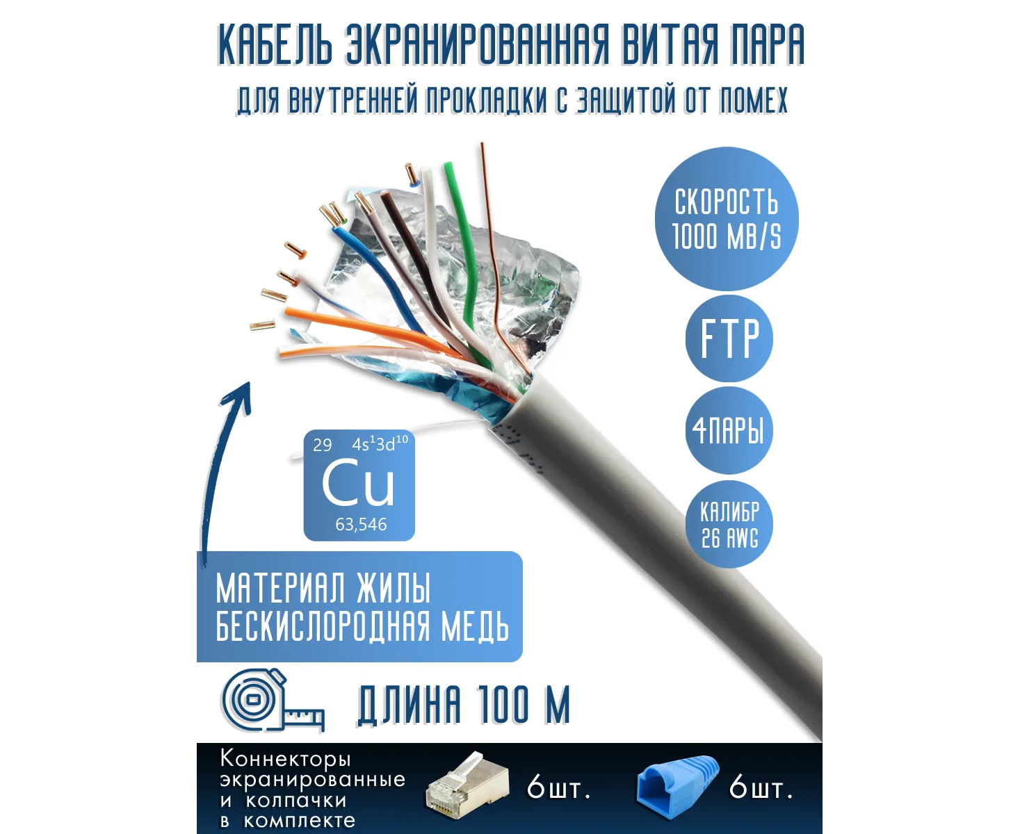 Витая пара, FTP cat5 26 AWG 4 пары, Медь (Cu), 100 м