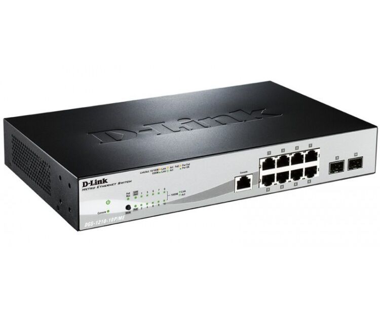 Коммутатор D-Link DGS-1210-10 P/ME/B1 A Управляемый 2 уровня с 8 портами 10/100/1000 Base-T с поддержкой Po E и 2 портами 1000 Base-X SFP