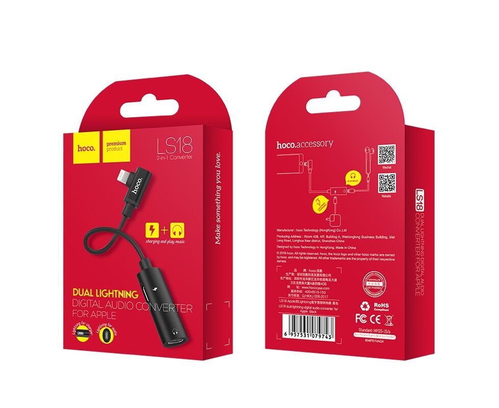 Адаптер audio для Lightning 8-pin Hoco LS18 (Black)