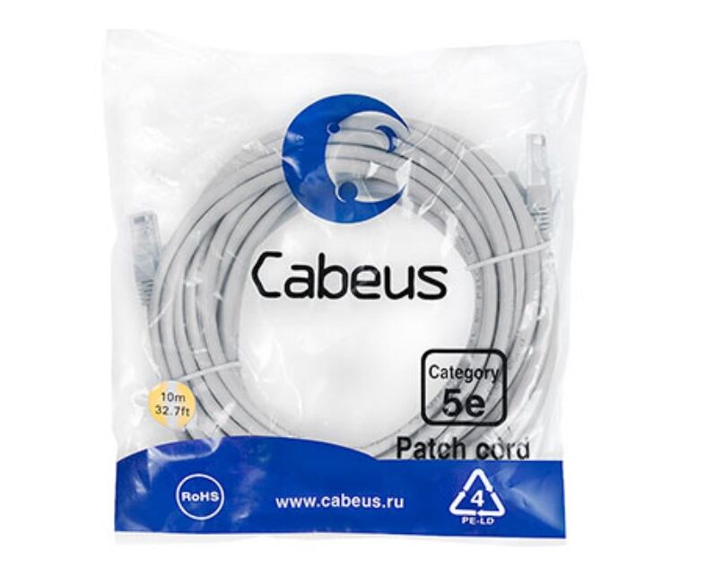 Патч-корд Cabeus (PC-UTP-RJ45-Cat.5e-10m-LSZH) U/UTP, категория 5е, 2x RJ45/8p8c, неэкранированный, серый, LSZH, 10м