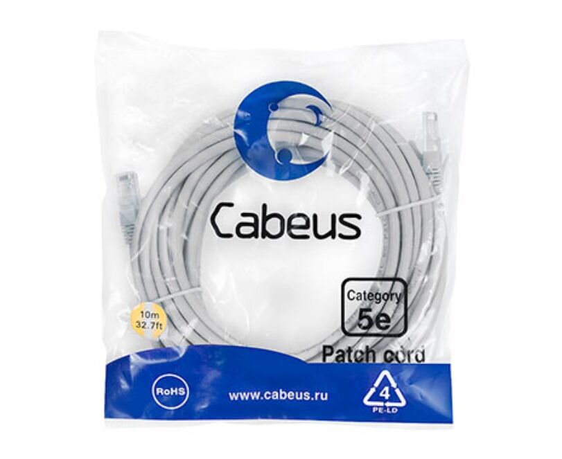 Патч-корд Cabeus (PC-UTP-RJ45-Cat.5e-10m) U/UTP, категория 5е, 2x RJ45/8p8c, неэкранированный, серый, PVC, 10м
