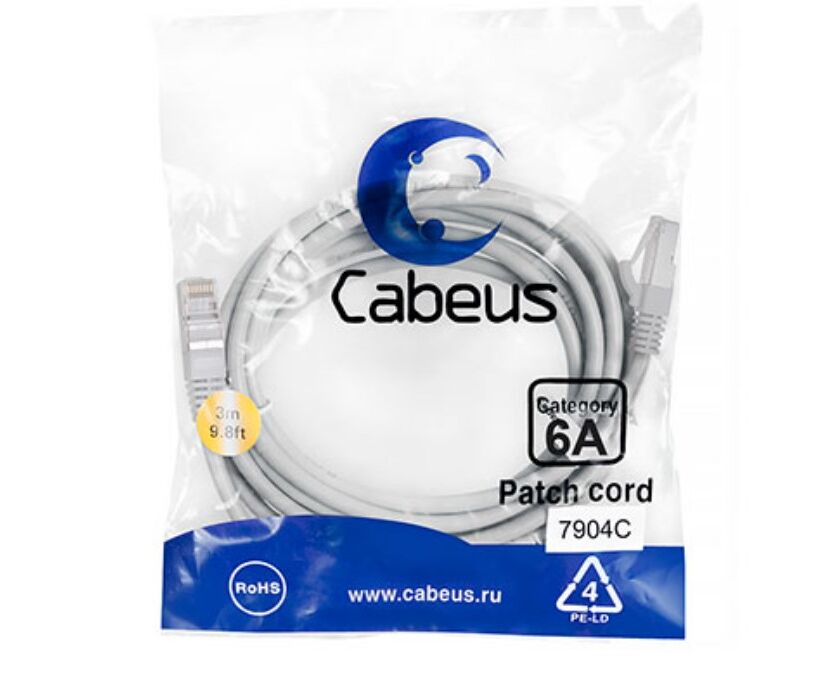 Патч-корд Cabeus (PC-SSTP-RJ45-Cat.6a-3m-LSZH) S/FTP, категория 6а (10 G), 2x RJ45/8p8c, экранированный, серый, LSZH, 3м