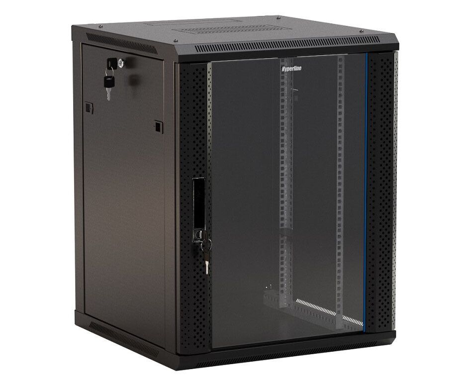 Шкаф коммутационный Hyperline TWB-1566-GP-RAL9004 настенный 15 U 600x600мм пер.дв.стекл 2 бок.пан. 60кг черный