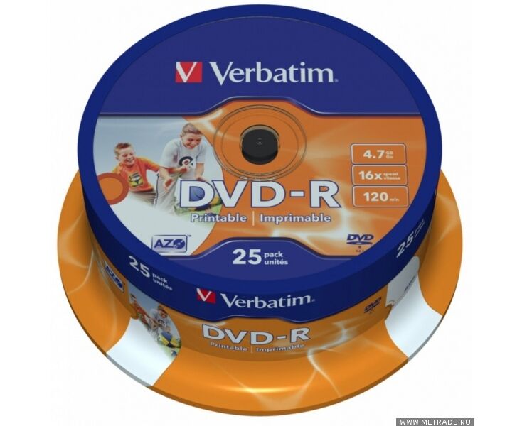 Диск DVD-R Verbatim 4,7 Gb 16x Cake Box Printable (25шт) 43538