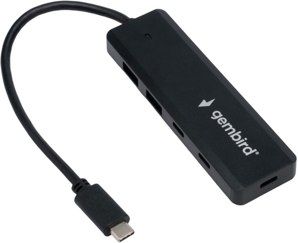 Хаб USB GEMBIRD UHB-C425 3.1, 2x USB, 2x Type-C, с дополнительным питанием Type-C, кабель Type-C 19см, черный