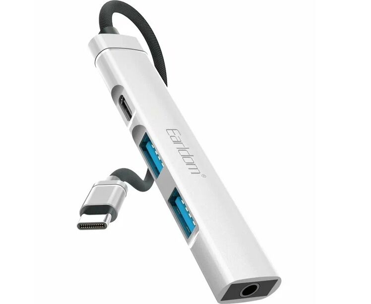 USB HUB Earldom ET-HUB20 Type C, 2 USB+выход Type C PD+разьем jack 3.5 серебро