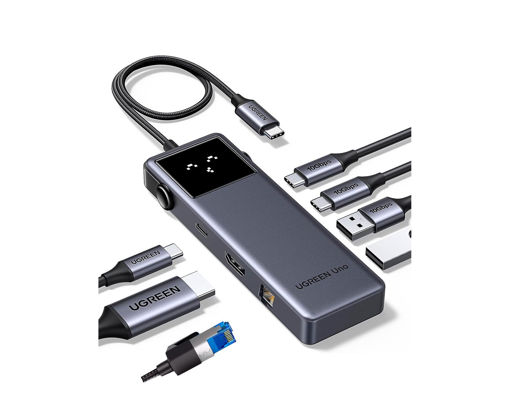 Хаб UGREEN CM888 (45155) UNO 7-in-1 4 K@60 Hz USB-C+3*USB-A+Ethernet+PD 100 W+HDMI Hub Gray