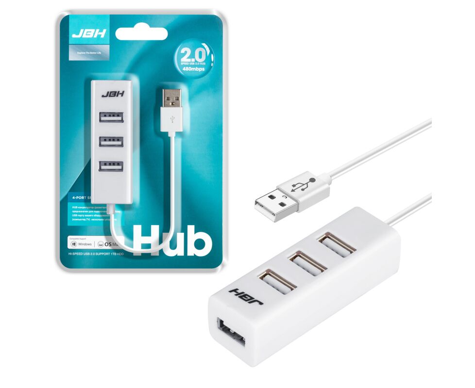 HUB USB 2.0 x 4 разъема USB 30см H-03 JBH (White)