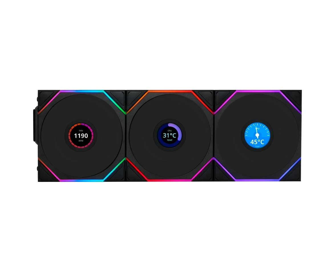Комплект вентиляторов (3шт.) Li Uni Fan TL Wireless LCD 120 Reverse Blade (G99.12 RTLLCD1 W3 B.R0)/12 RTLLCD1 W3 B Black/120x124x28мм(PWM, ARGB,1900 об/мин)