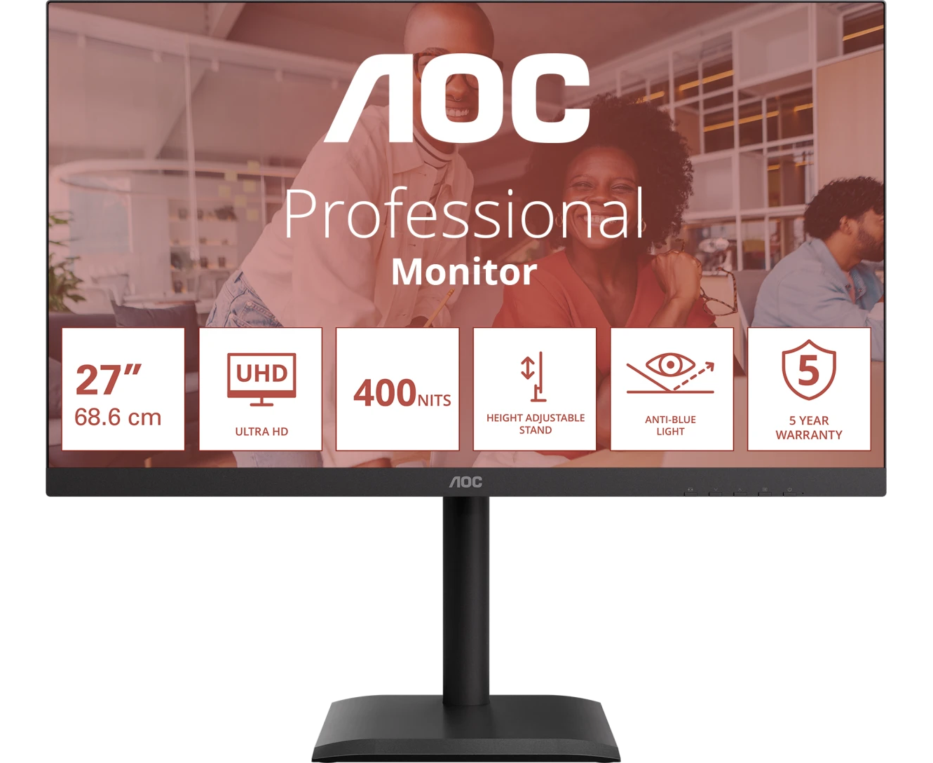 Монитор AOC U27 E4 CV Black 4 K, IPS, 3840x2160, 60 Hz, 4 ms, 178гр./178гр., 400 cd/m, +2x HDMI 2.0, +Display Port 1.4, DP Out, USB, USB-C, LAN, SPK