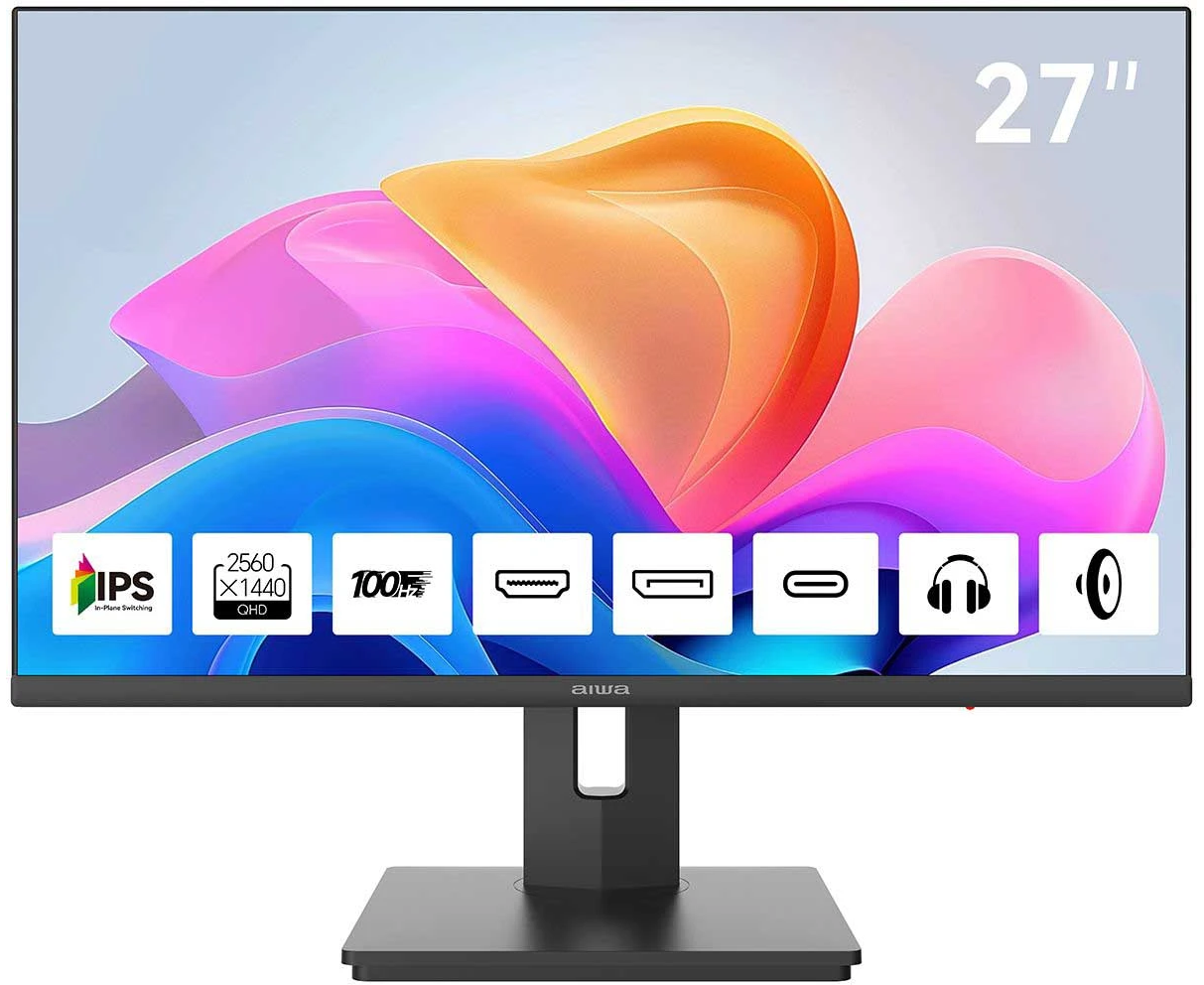 Монитор AIWA MQ275 A Black IPS, 2560x1440, HDMI+DP+Type C 15 W, 4 ms, 178пр./178пр., 300 cd/m, 1000:1, 100 Hz, Spk, Pivot