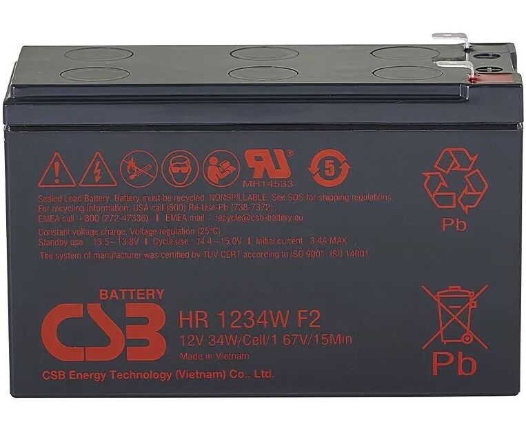 Аккумулятор 12 В 9.5 Ач CSB HR Series HR1234 W, 6 cell, 34 W/cell, H95(101)x L151х W65 mm, 2.6 kg